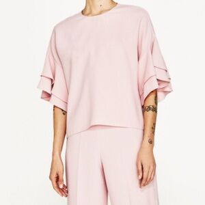 Zara Woman Blush Pink Ruffle Sleeve Blouse